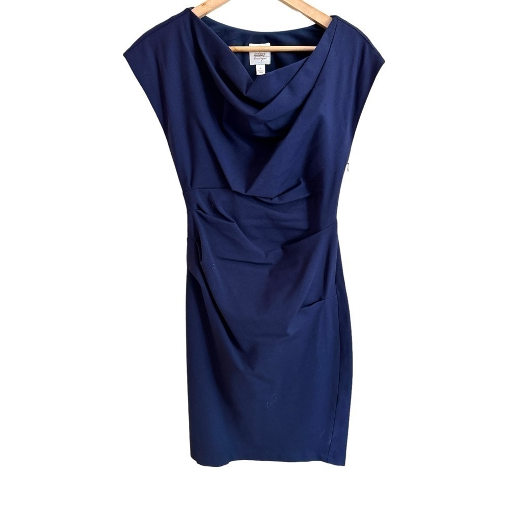 Suzi Chin for Maggy Boutique Navy Blue Draped Neck Short Cap Sleeve Women Size 4
